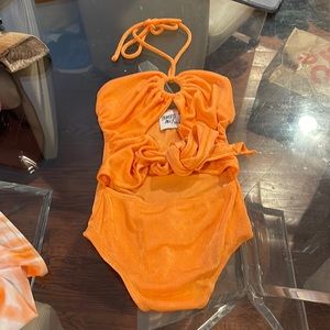 Princess Polly orange open stomach tie around neck keyhole bodysuit size 2